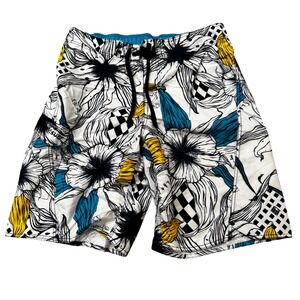 Pacific‎ Surf Mens Floral Checkerboard Board Shorts Blue White Yellow Size Large